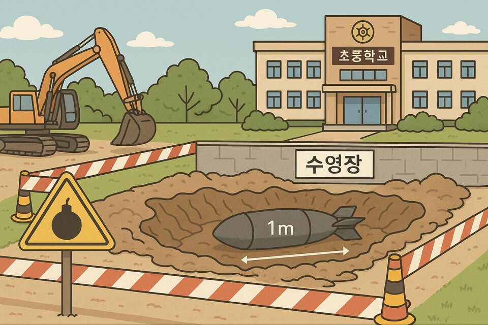 포천시 한 초등학교 수영장 공사 현장에서 폭탄이 발견돼 교사와 학생 수백 명이 긴급 대피하는 소동이 벌어졌다.