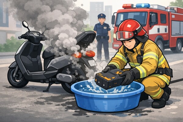 16일 오후 구리시 갈매동에서 전기스쿠터에서 연기가 발생하는 화재가 발생했으나, 소방당국의 신속한 대응으로 인명피해 없이 완진됐다. 사진은 기사 이해를 돕기 위한 AI 생성 이미지.