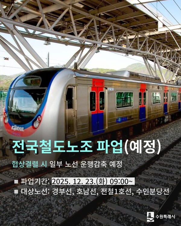 이재준 수원시장이 전국철도노조의 총파업 예고와 관련해 시민 불편을 최소화하겠다는 입장을 밝혔다. 전국철도노조의 총파업 예고 일정과 운행 감축 대상 노선을 안내하는 이미지. (사진=이재준 수원시장 페이스북)