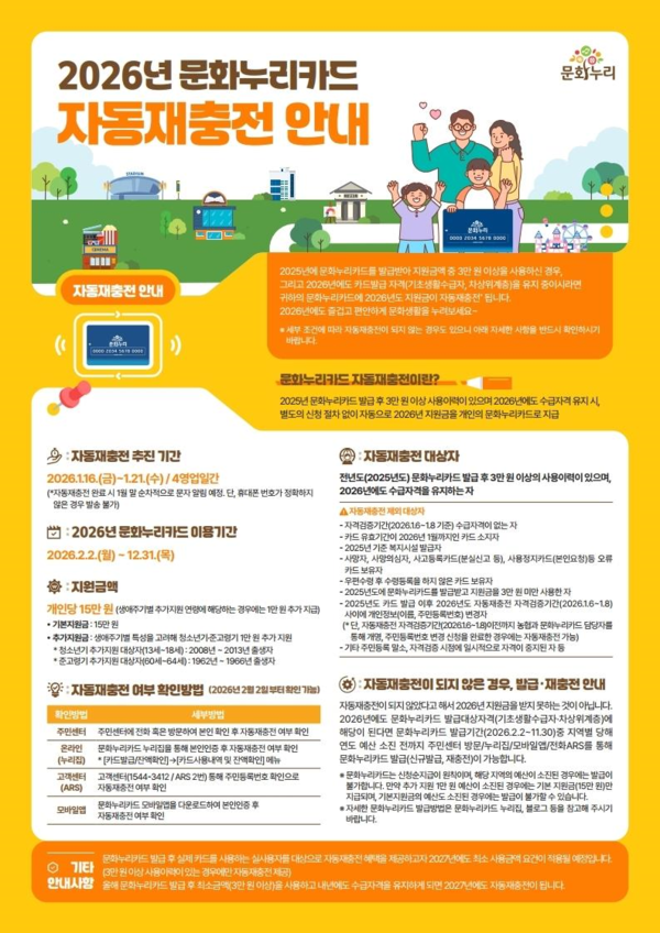 인천지역 문화취약계층을 위한 문화누리카드가 2026년 자동재충전을 통해 1인당 최대 16만원까지 지원되며, 최근 3년간 최고 이용률을 기록한 가운데 문화복지 효과를 확대한다. (사진제공=)