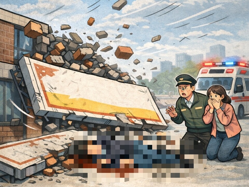 길을 가던 20대 행인이 떨어진 간판에 숨지는 등 강풍특보가 내려진 경기지역과 인천지역에서 각종 피해가 속출하고 있다.&nbsp;사진은 기사 이해를 돕기 위한 AI 생성 이미지. (일러스트=김종대 기자)