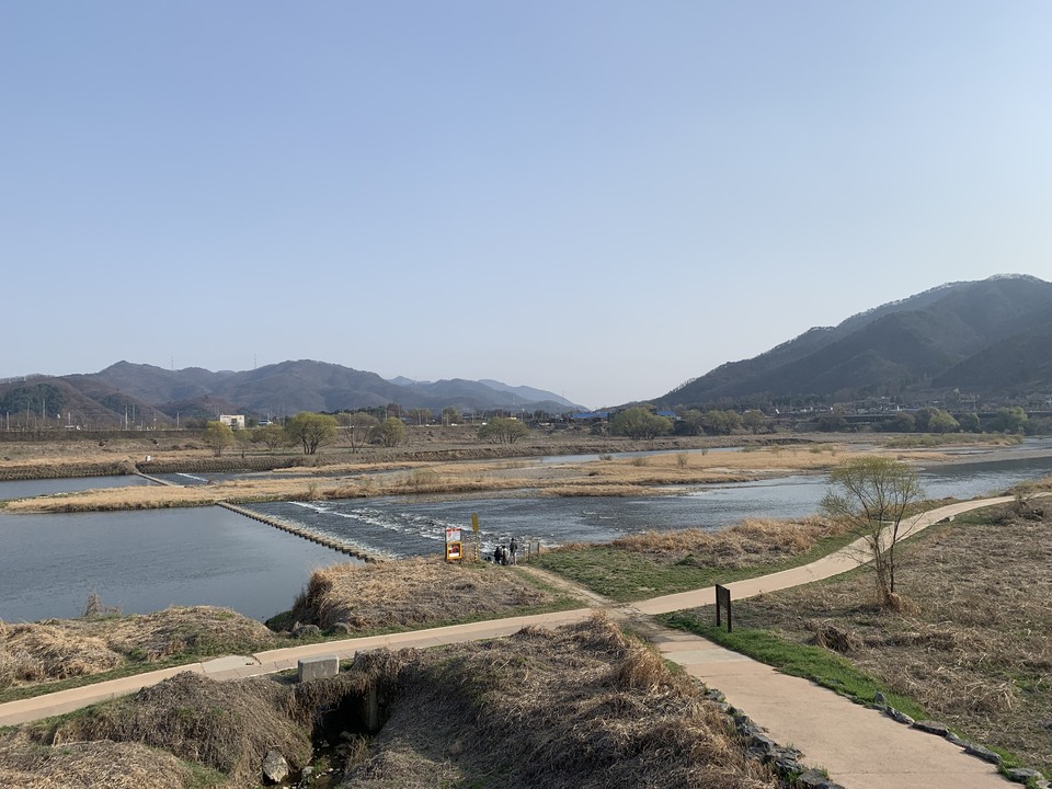 6일 오후 4시30분께 연천군 한탄강 산책길에서 시민들이 봄빛 가득한 연둣빛 버드나무 아래를 지나며 자연의 따스함을 즐기고 있다. (사진=오기춘 기자)<br>