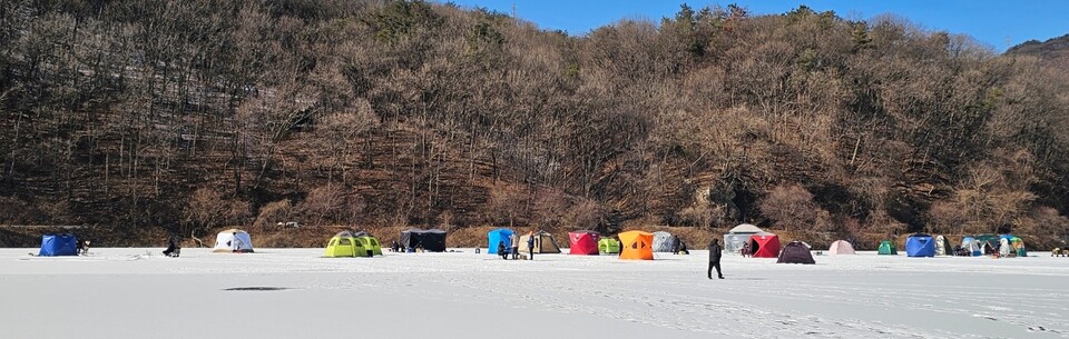 24일 오전 11시30분께 원주시 반계리 반계저수지가 두꺼운 얼음으로 뒤덮인 가운데, 빙어 낚시를 즐기는 낚시객들의 텐트가 얼음 위에 줄지어 들어서 있다. (사진=김광섭 기자)