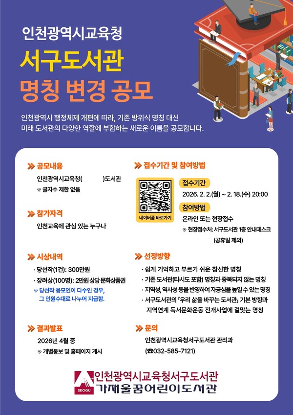 인천광역시교육청서구도서관이 행정체제 개편에 발맞춰 기존의 방위 중심 명칭을 벗고, 미래 도서관의 가치와 지역 정체성을 담은 새로운 이름을 시민 공모로 선정한다. (사진제공=인천시교육청)
