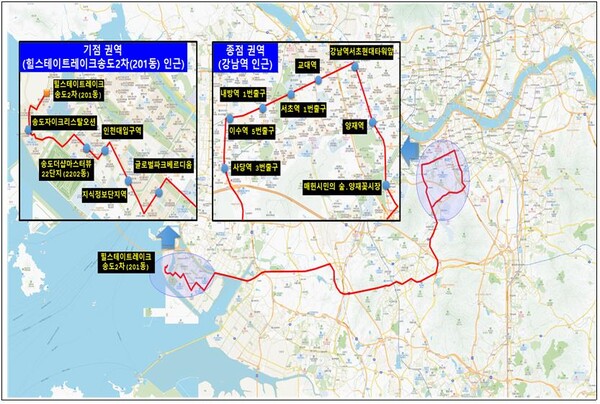 인천시가 영종국제도시와 송도국제도시에서 서울 강남권을 잇는 광역급행버스 노선 2개를 새로 개통해 장거리 출퇴근 부담을 줄이고 광역교통 편의를 대폭 개선한다. 사진은 노선도 및 주요 정류장. (사진제공=인천시)