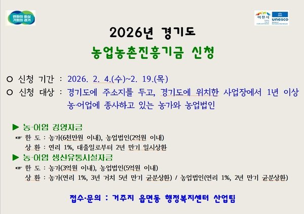 2026년도 경기도 농업농촌진흥기금 지원사업 신청·접수 (이천시 제공)