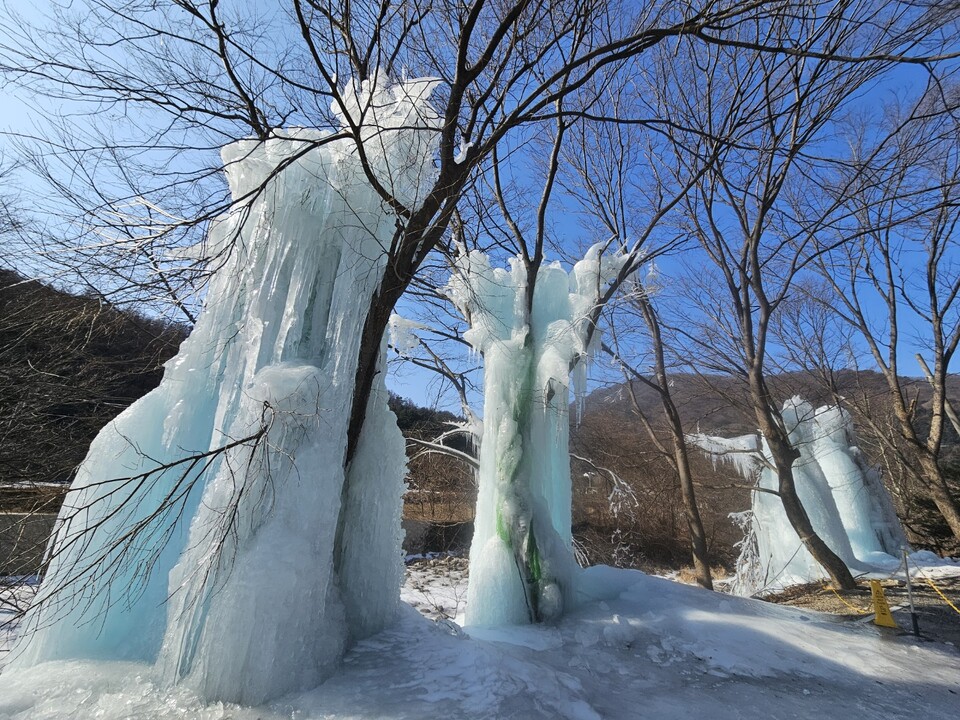 8일 오전 11시40분께 가평군 설악면 가일리의 한 카페 야외 공간에 대형 얼음기둥이 형성돼 있다. (사진=이건구 기자)