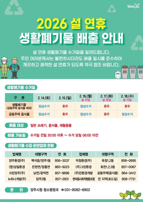 양주시, 설 연휴 대비 생활폐기물 관리 강화…14·16일 정상 수거 (양주시 제공)