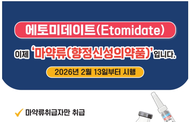 식품의약품안전처가 전신마취유도제 ‘에토미데이트’를 13일부터 마약류로 전환해 관리한다. (사진제공=식약처)