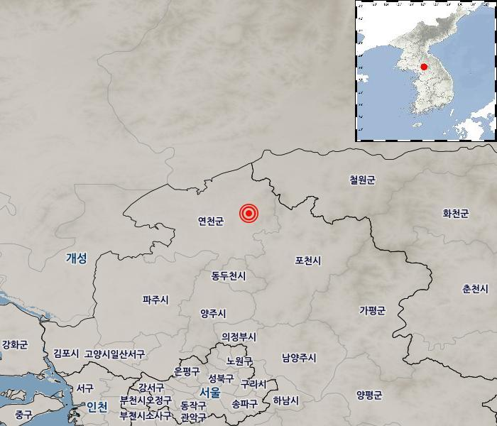 15일 새벽 연천군에서 규모 3.0의 지진이 발생했다. 기상청에 따르면, 이날 오전 4시13분 38초 연천군 북북동쪽 4km 지역(위도 38.13N, 경도 127.10E)에서 규모 3.0(±0.2)의 지진이 관측됐다. 발생 깊이는 9km다. (사진제공=기상청)