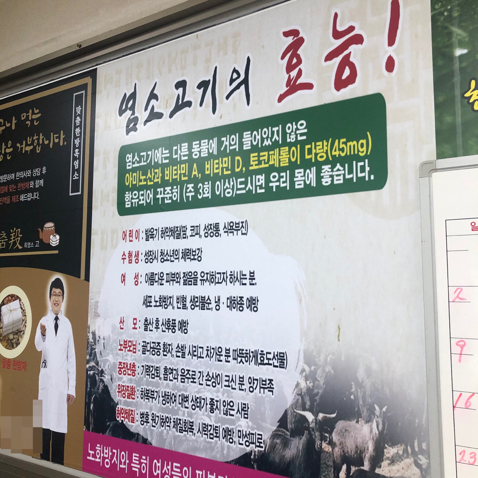 여름철 보양식의 상징처럼 여겨지던 ‘보신탕’은 이제 도심에서 쉽게 찾아보기 어렵게 됐다. 대신 ‘염소탕’과 ‘흑염소전골’을 내세운 식당이 늘고 있다. 사진은 염소탕 음식점에 걸려있는 염소효능. (사진=중앙신문DB)