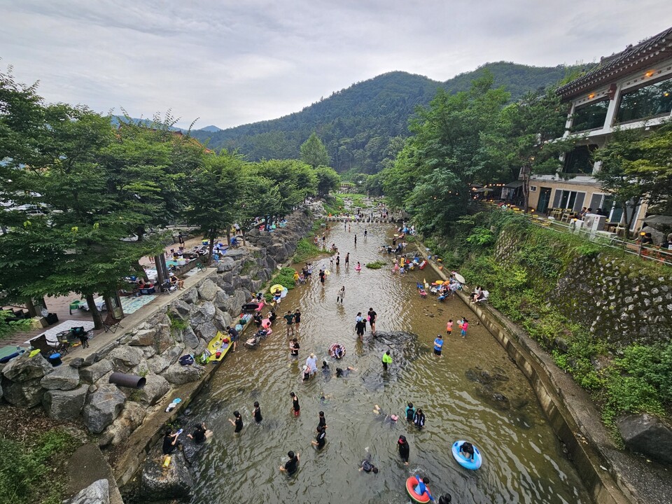 비 내리는 말복인 9일 오후 1시58분께 광주시 광지원리 남한산성계곡에 많은 피서객들이 모여 물놀이를 즐기고 있다. (사진=허찬회 기자)
