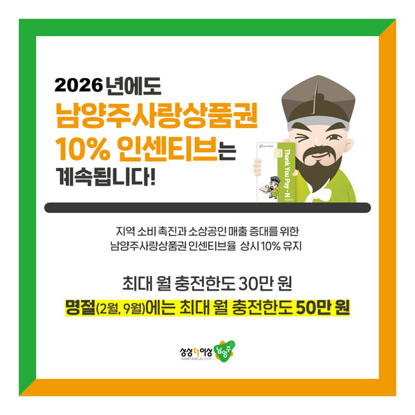 남양주시가 ‘남양주사랑상품권’ 인센티브 10% 정책을 올해도 변함없이 이어간다고 3일 밝혔다. (사진제공=남양주시)