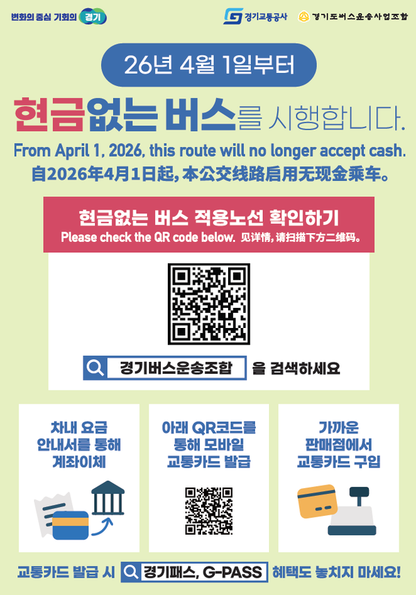 경기도가 버스 운행 과정에서 발생하는 요금 실랑이와 운행 지연 등을 줄이기 위해 ‘현금없는 버스’ 운영을 확대한다. (사진제공=경기도)