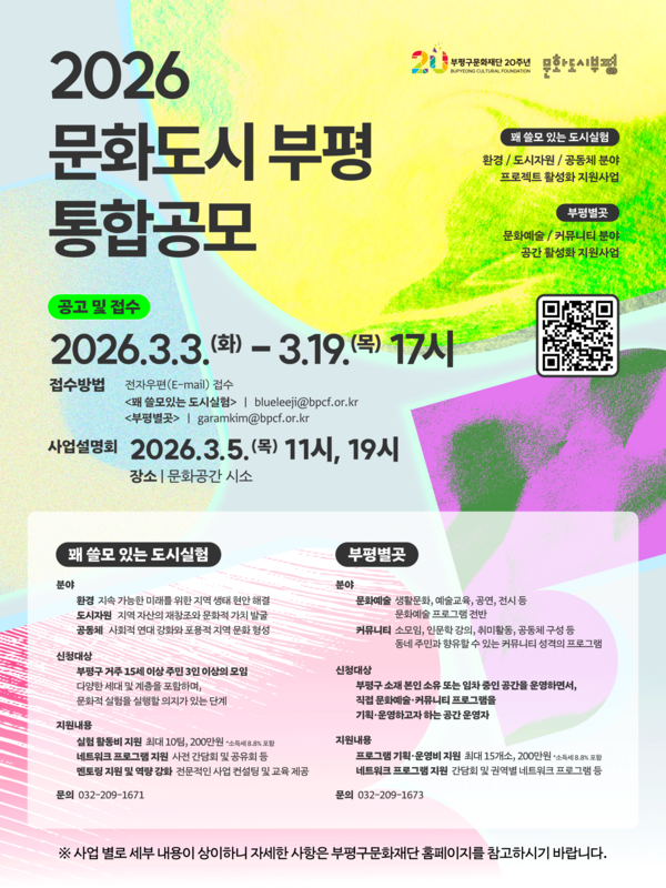 인천 부평구문화재단이 법정문화도시 사업 종료 이후에도 문화도시 성과를 이어가기 위해 주민과 지역 공간이 참여하는 ‘2026 문화도시부평 통합공모’를 추진한다. (사진제공=부평구)