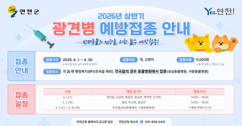 연천군이 오는 4월1일부터 30일까지 ‘2026년 상반기 광견병 예방접종’을 실시한다. (사진제공=연천군)