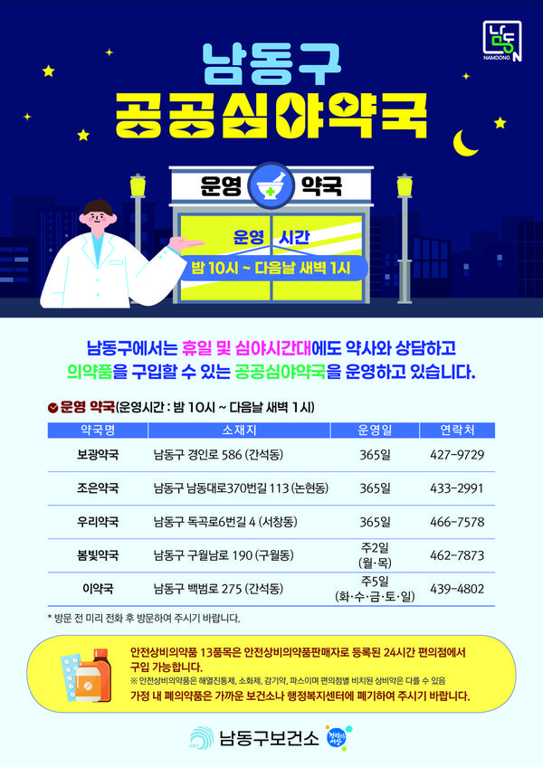 남동구, 연중무휴 새벽 1시까지 여는 공공심야약국 운영 (남동구 제공)