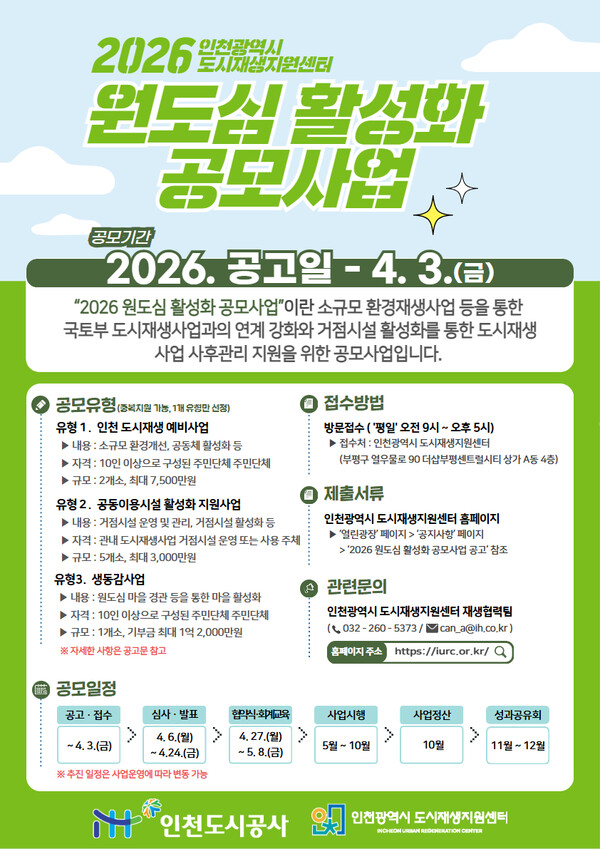 인천 원도심 환경 개선과 공동체 활성화를 위한 공모사업이 추진되며 참여 단체 모집이 시작된다. 최대 1억2000만원 규모의 지원이 이뤄진다. (사진제공=)