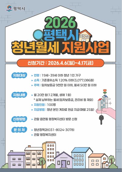 평택시가 청년의 주거비 부담 완화와 사회진입 지원을 위해 ‘청년 월세 지원’ 사업 신규 대상자를 모집한다. (사진제공=평택시)