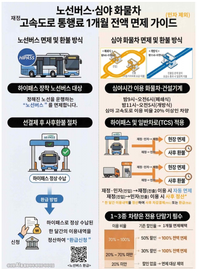 정부가 고유가로 인한 운송업계 부담을 덜기 위해 노선버스와 심야 화물차를 대상으로 재정고속도로(국가 재정이 투입돼 만들어진 고속도로) 통행료를 한 달간 면제한다. (사진제공=국토교통부)