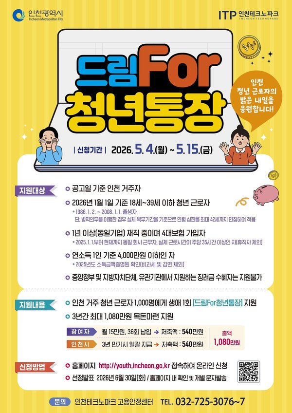 인천시 청년 목돈마련 돕는 ‘드림For청년통장’지원자 모집 (인천광역시 제공)