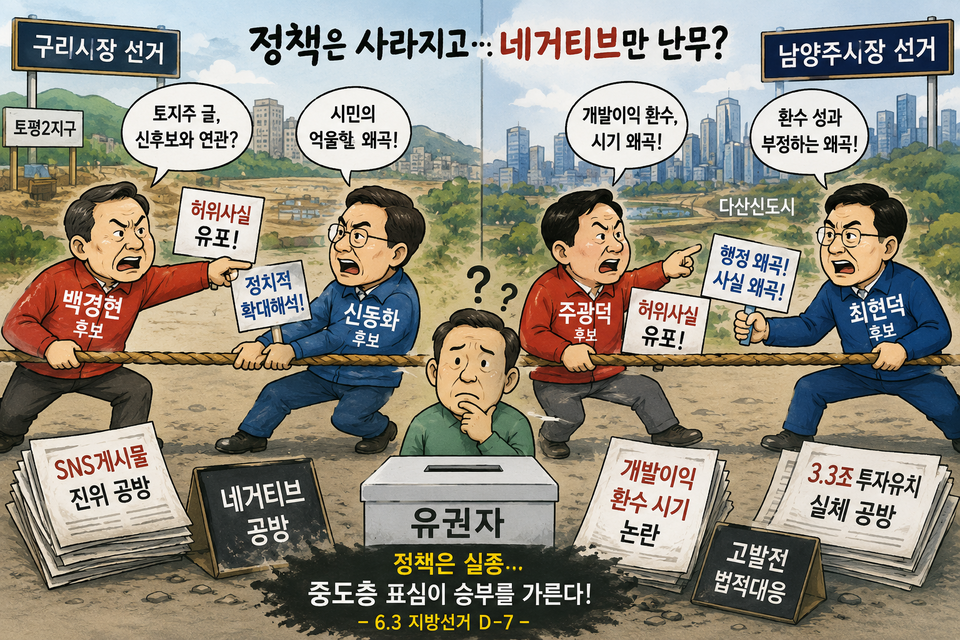 6.3지방선거투표 D-6일을 남겨둔 28일 현재, 수도권 격전지로 꼽히는 구리·남양주시장 선거전이 과열 양상을 보이고 있어 선거의 판도를 쥐고 있는 중도층의 표심 향방이 지역의 관심을 모으고 있다. [일러스트, 삽화 = AI(ChatGPT·소크)제작]