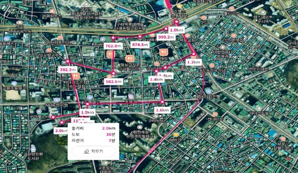 구리시 범죄 예방 취약지역 순찰 코스 도면. /사진제공=구리시재향경우회