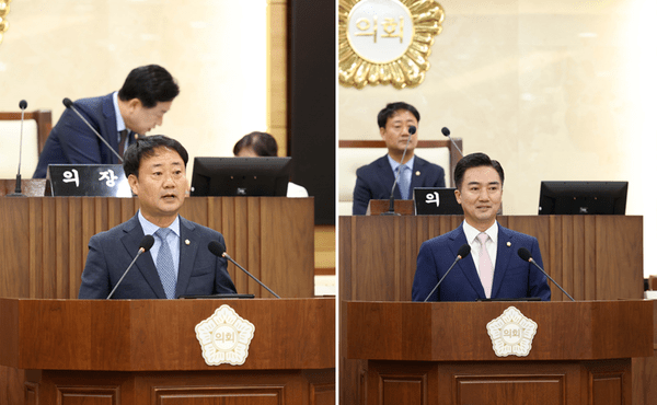 제10대 의회 전반기 의장단 최재영 의원(왼쪽)이 의장으로 ,정일구 의원(오른쪽)이 부의장으로 선출됐다. /사진=평택시의회