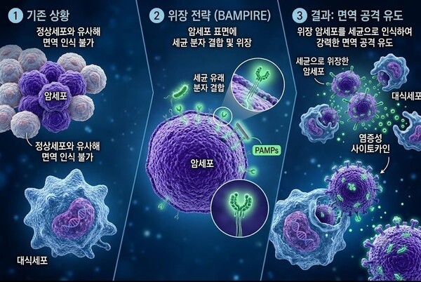 암세포를 세균처럼 인식하도록 만들어 면역 반응을 끌어내는 경로 그래픽. /제공=인하대