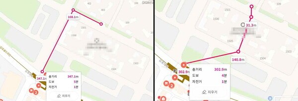 민원들이 네이버 지도로 확인해 김포시의회에 제공한 풍무역 기준 기존 이동 동선(왼쪽)과 입주예정인 아파트 단지 내에 계획된 공공보행통로를 이용한 거리와 이동시간이 표시된 지도. /제공=아파트 입주예정 주민