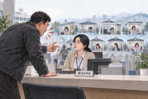 민원인이 복지공무원에게 항의하는 모습이 담긴 일러스트. / 일러스트=ChatGPT