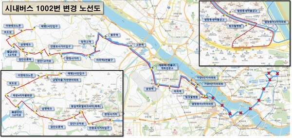 10월 1일부터 차고지 변경에 따라 운행 노선이 변경되는 1002번 노선도. /사진제공=김포시