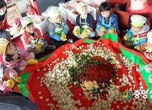 <포토>고사리손으로 쓱쓱 버무린 깍두기 맛은?