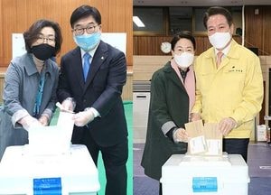 사전 투표하는 최대호 안양시장과 신동헌 광주시장