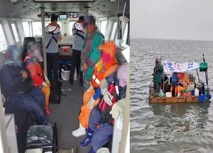 인천해경, 뗏목타고 갯벌 조개채취 중 고립 5명 무사히 구조
