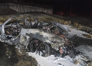 음주로 논에 빠진 수입차량 전소...인명피해 없어