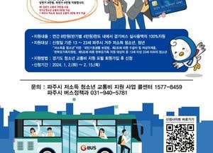 파주시 ‘저소득 청소년 교통비’ 지원…지원대상 13~23세 연간 최대 20만원