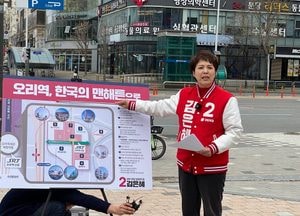 "오리역을 한국의 맨해튼으로" 분당 미래첨단벨트 공약 발표하는 김은혜 후보