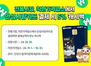 안성시, 전통시장·착한가격업소서 안성사랑카드 결제 시 5% 캐시백 지급