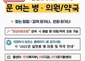 의정부시, 설 연휴 25일부터 30일까지 응급진료 상황실 운영…문 여는 병·의원·약국 등 안내