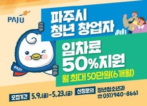 파주시, 청년창업자 임차료 지원...월 최대 50만원, 6개월간 지원 혜택