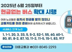 안양시, 오는 25일부터 ‘현금없는 버스’ 확대 시행...21개 노선 ‘카드 결제’만 가능