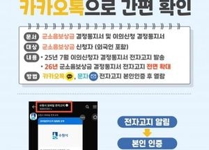 ‘군소음보상금’ 카카오톡으로 간편 확인...수원시, 전국 최초 모바일 전자고지 시행