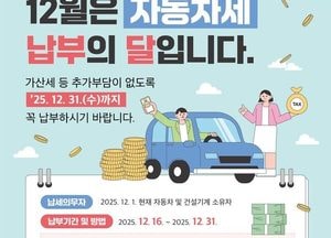 인천시, 12월 자동차세 1214억원 부과…72만건 고지